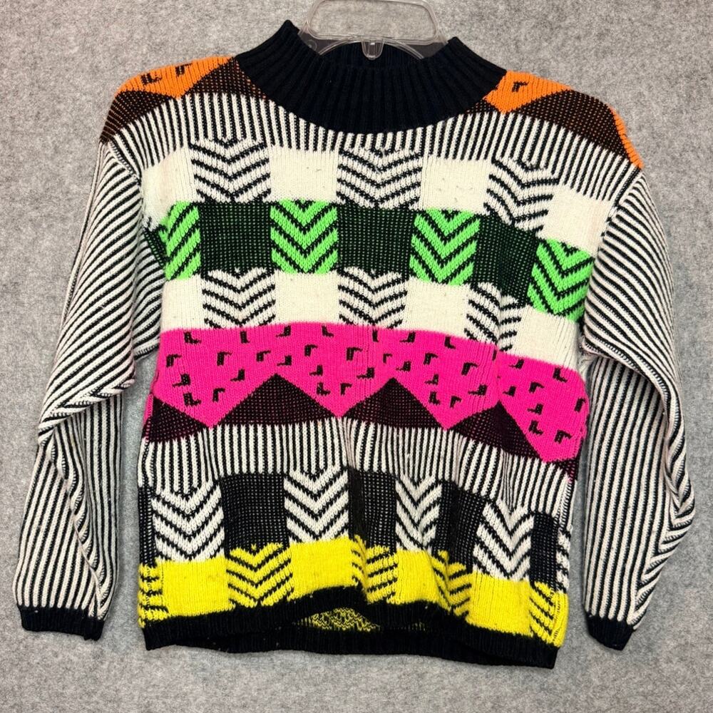 Vintage 80's J.J. Poole Kids Youth Medium Neon Geometric Sweater Made USA